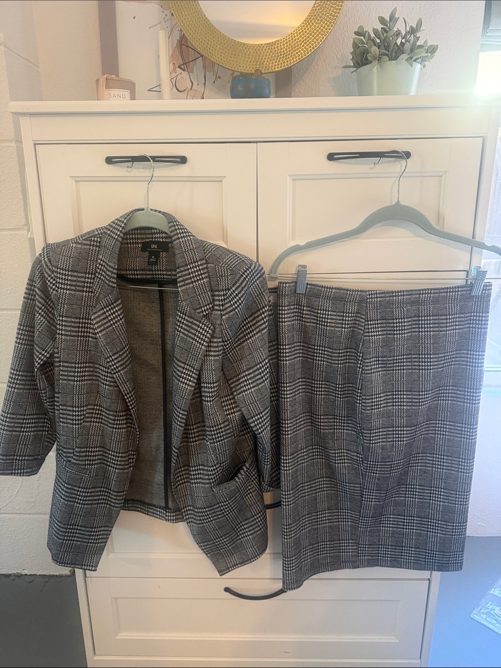 I.N. San Francisco Grey Plaid Blazer and Pencil Skirt Set